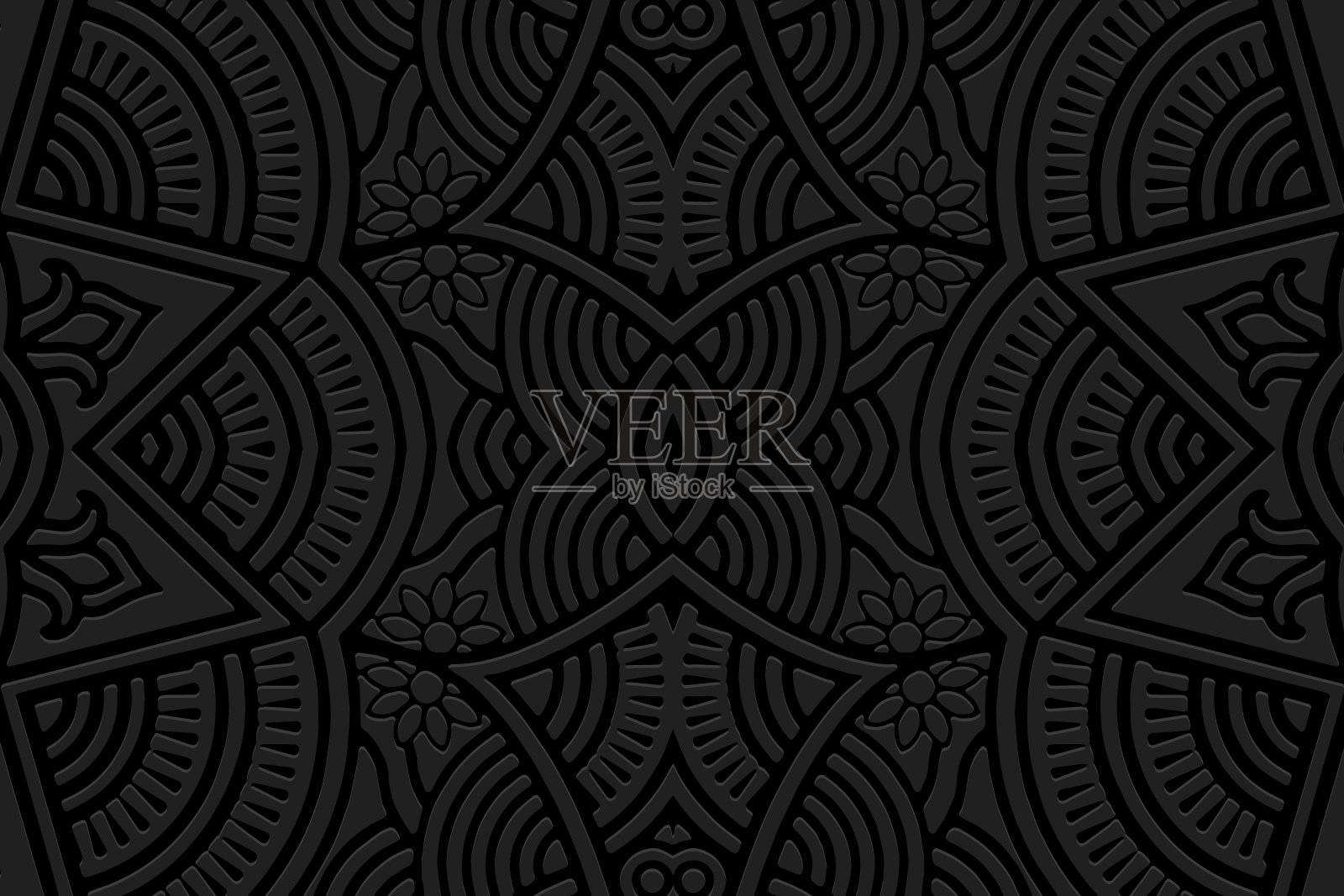 压花黑色背景，封面设计，横幅。几何独特的复古3D图案。民族装饰品，阿拉伯花饰，手工制作。波西米亚风格的东方，亚洲，印度，墨西哥，阿兹特克。插画图片素材