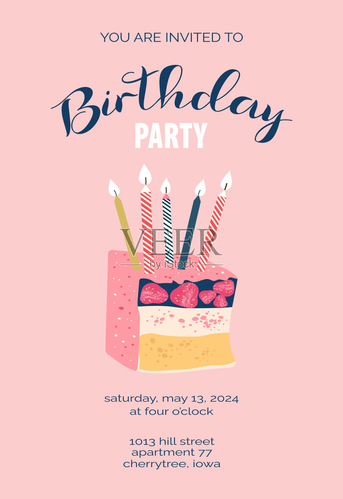 生日邀请模板与蛋糕和蜡烛。传单，小册子，传单概念与平面插图。矢量页卡通布局的杂志。周年庆典邀请与文字。插画图片素材