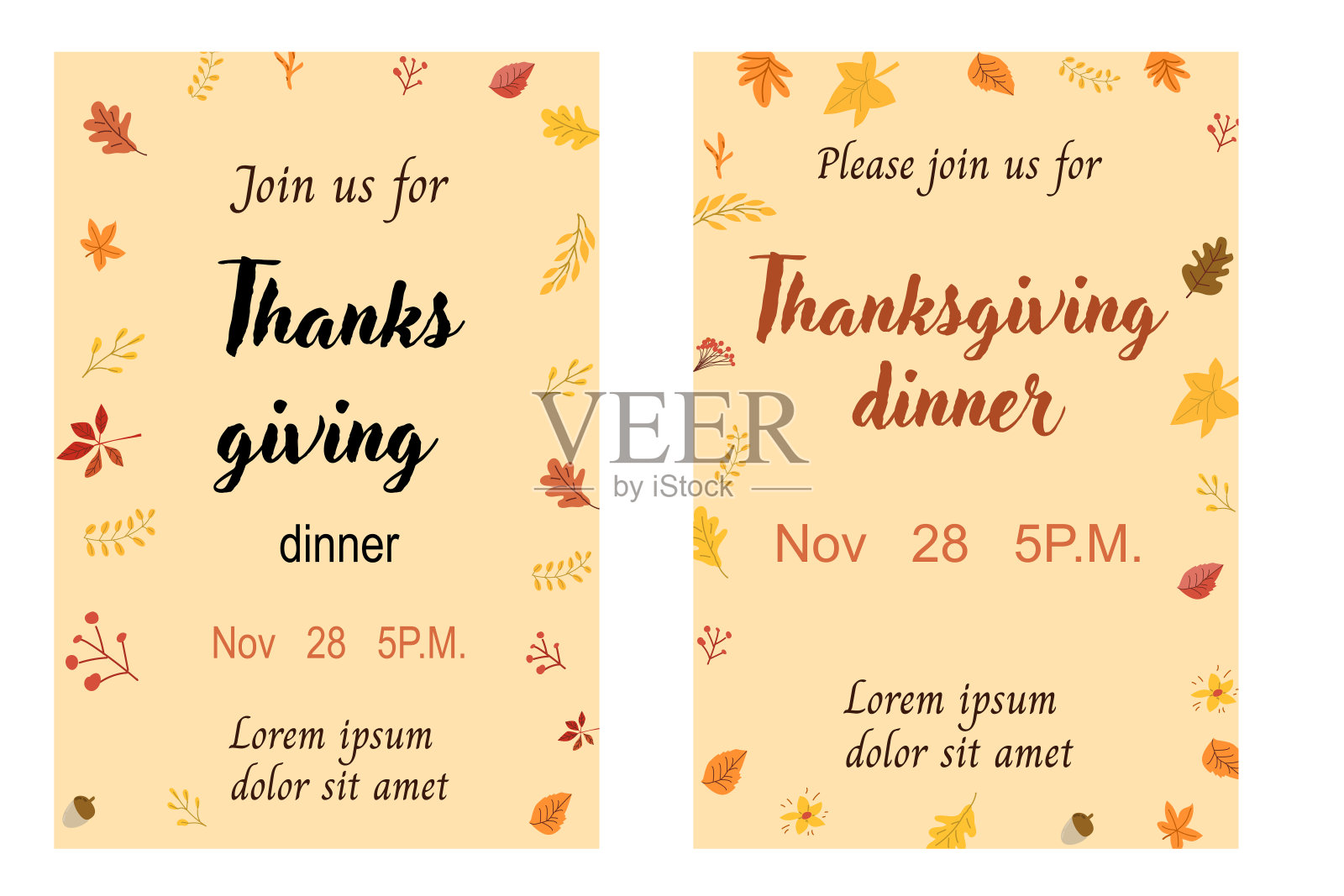 秋季感恩节请柬套装。秋天火鸡节的节日海报。插画图片素材