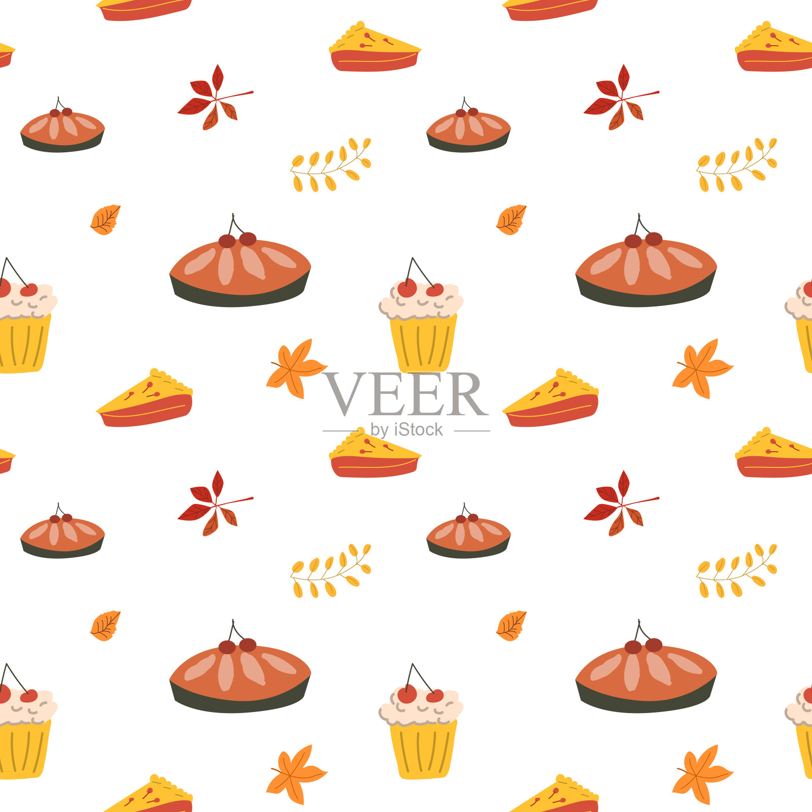 秋天的感恩图案有秋叶和植物、动物。可爱的面料设计。插画图片素材