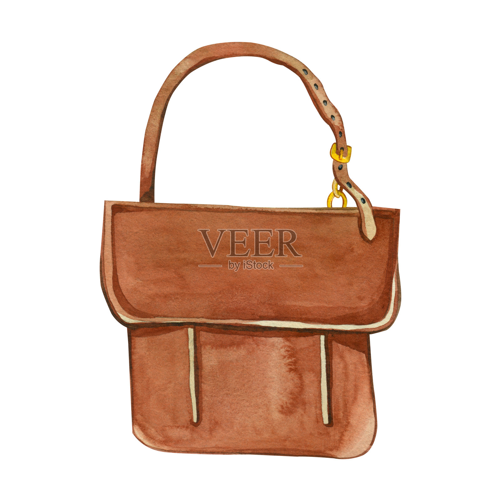 一个棕色的信袋，肩上挎着一支笔，用水彩手绘。邮递员的包。水彩插图。适用于织物、纸张、剪贴簿、图案印刷插画图片素材