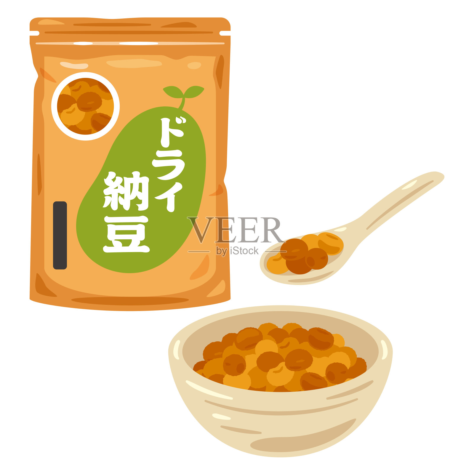 干纳豆装在盘子里和袋子里插画图片素材