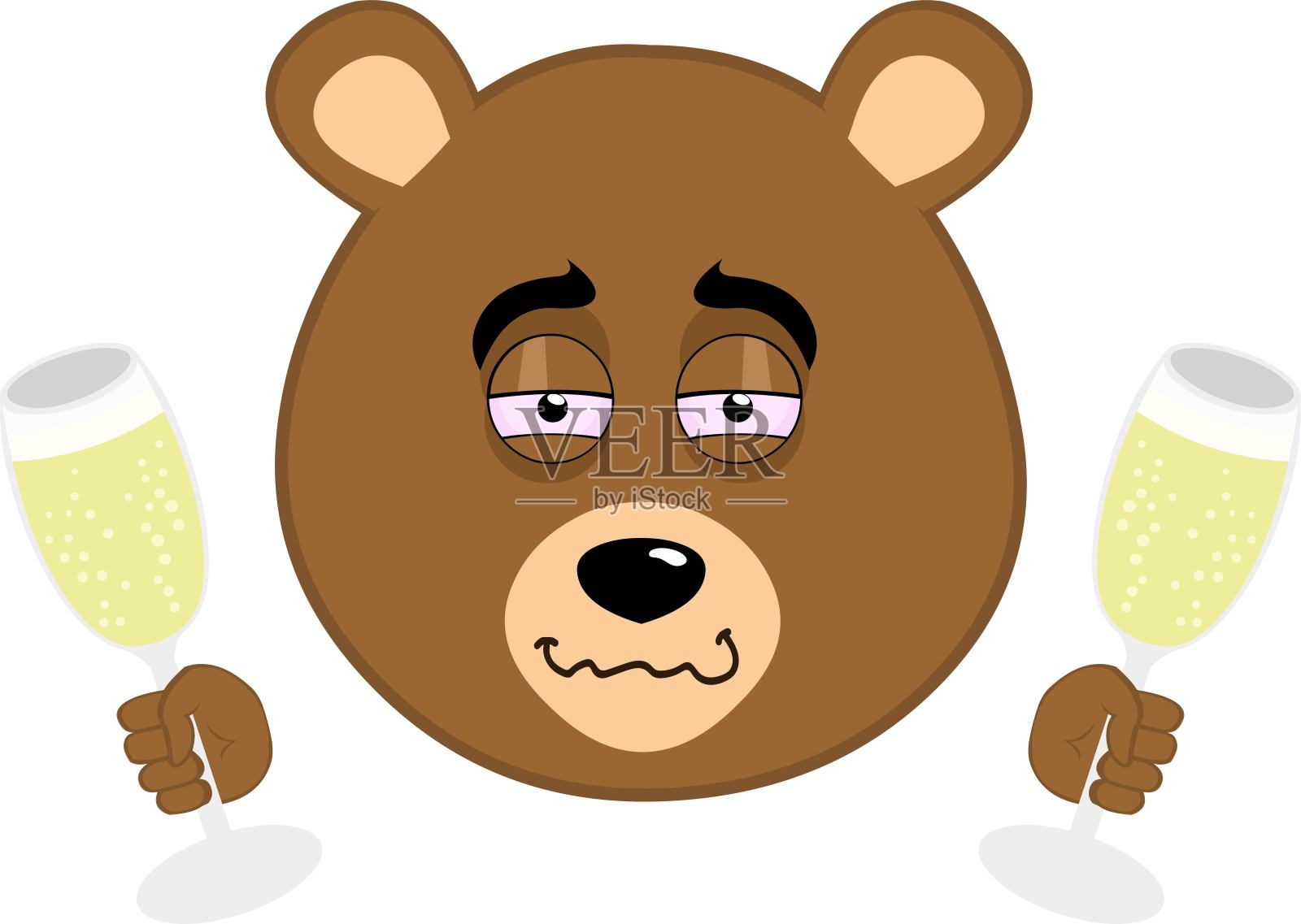 矢量插图头熊灰熊卡通醉酒玻璃香槟或苹果酒插画图片素材
