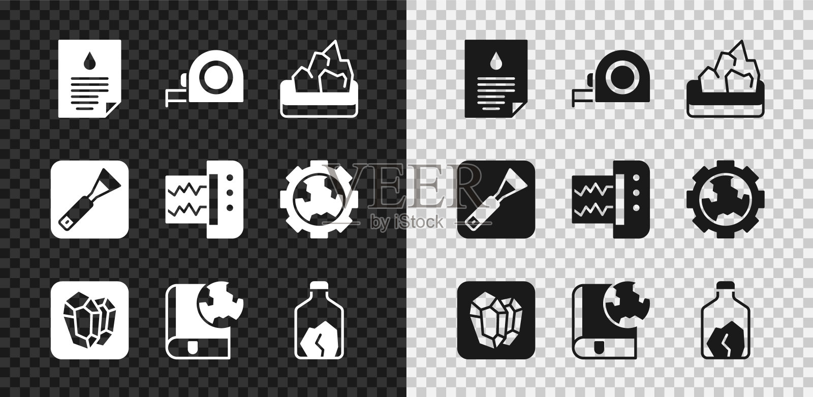 集油滴文件，轮盘赌建设，矿石开采，宝石石，地球和书，油漆刷和地震仪图标。向量插画图片素材