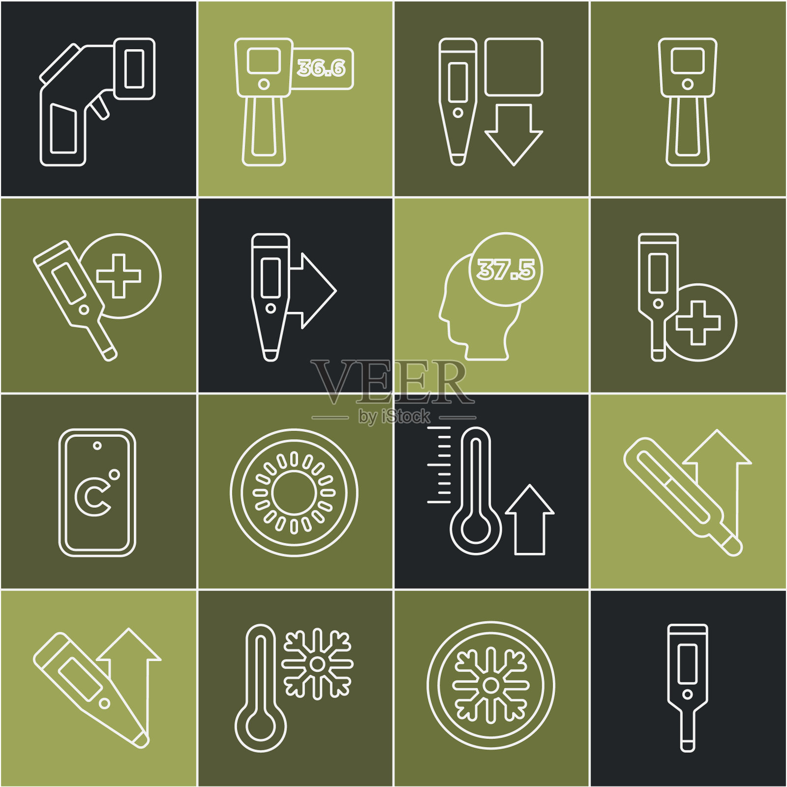 设置线数字温度计，医疗，和高人体温度图标。向量插画图片素材