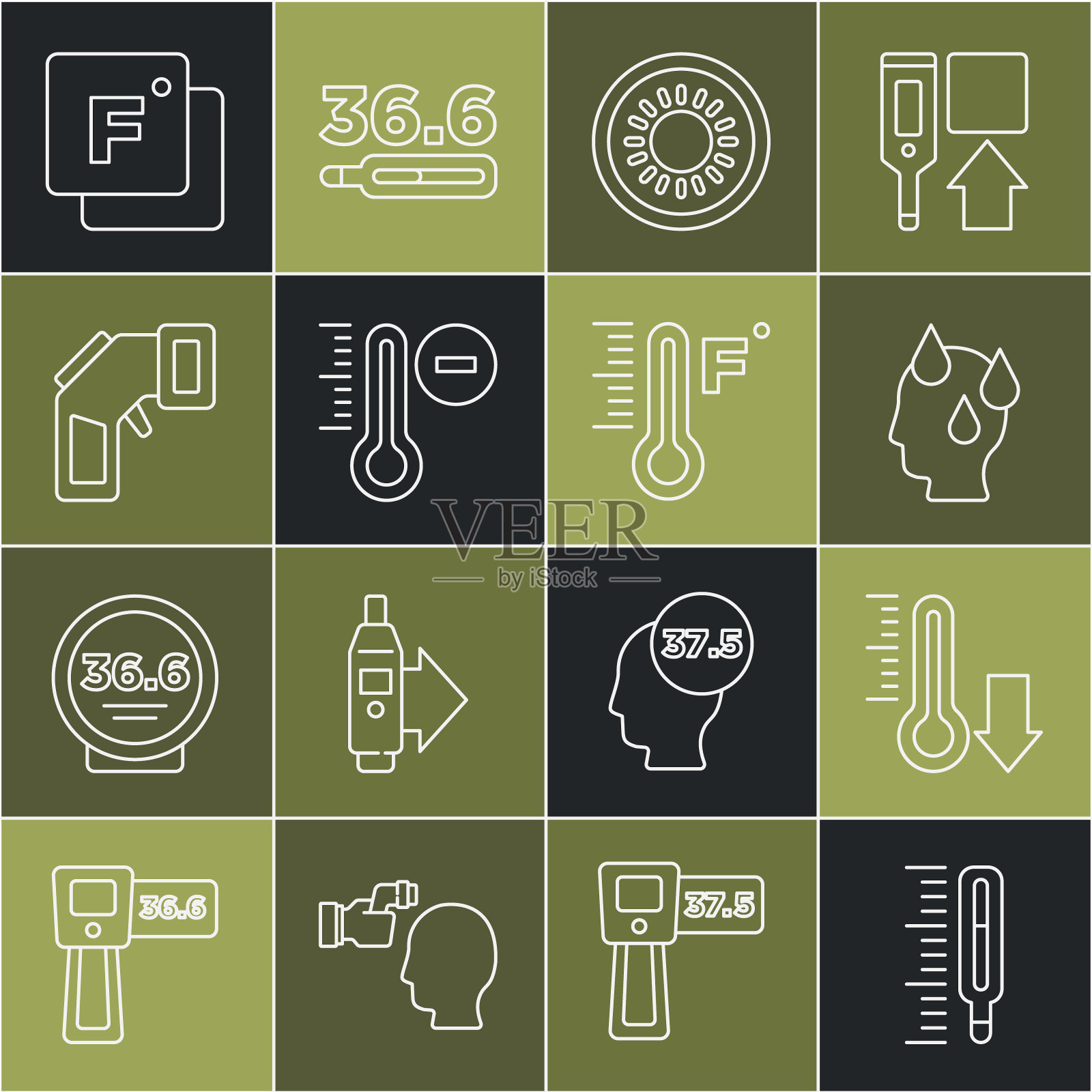 设置线医疗温度计，气象学，高人体温度，太阳，数字，华氏度和图标。向量插画图片素材
