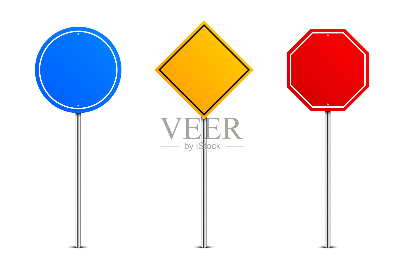 矢量路标。金属柱上不同形状的蓝、黄、红三色板插画图片素材