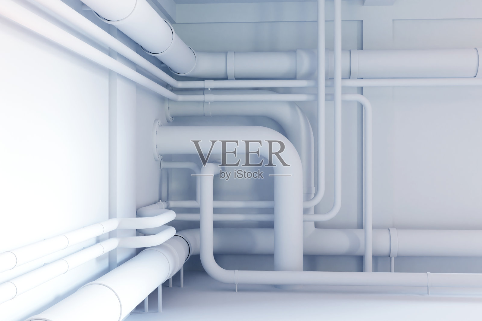 锅炉房。内部有管道。白色墙壁上有管道。锅炉房或地下室的管道。建筑供暖用管道。地下室室内效果图。锅炉房服务理念。3 d图像。照片摄影图片