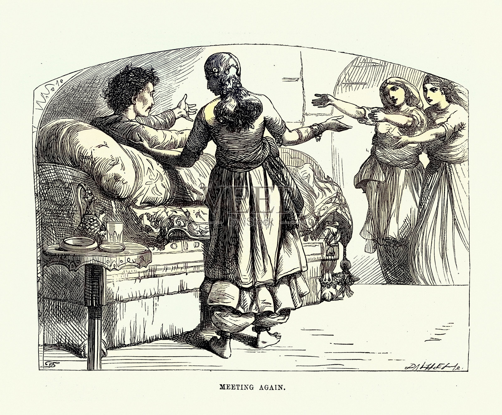 爱情的奴隶加尼姆，再次相遇，一千零一夜，一千零一夜，中东民间故事，达尔齐尔兄弟。插画图片素材