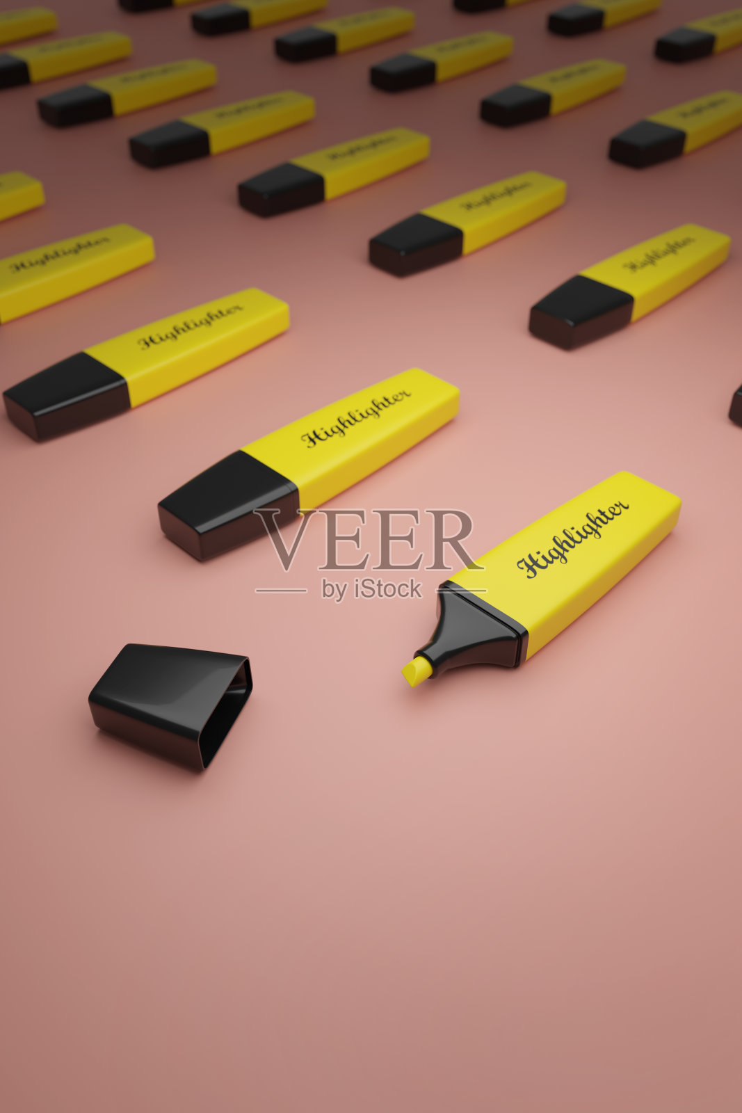 用黄色荧光笔与复制空间的近照。3 d演示。照片摄影图片