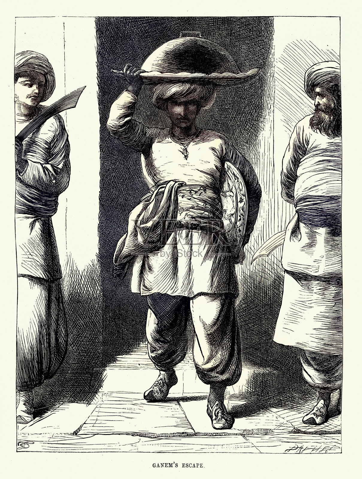 《爱情的奴隶加尼姆》、《越狱》、《一千零一夜》、《天方夜谭》、中东民间故事、达尔齐尔兄弟。插画图片素材