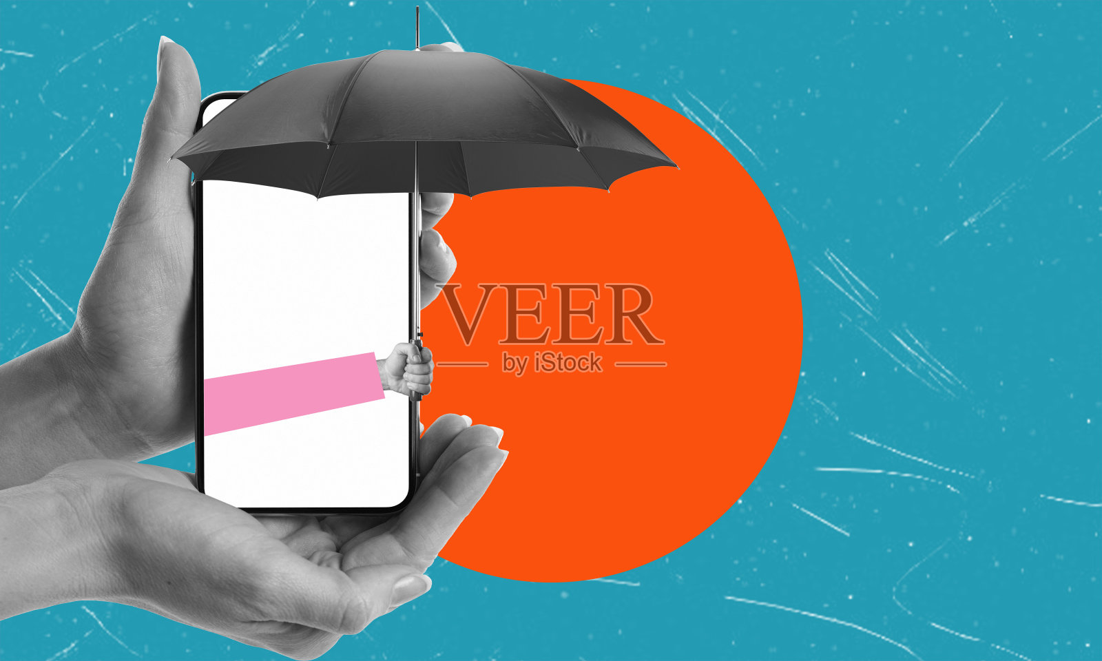 数字时代的保护:在明亮的背景上带着雨伞的智能手机。照片摄影图片