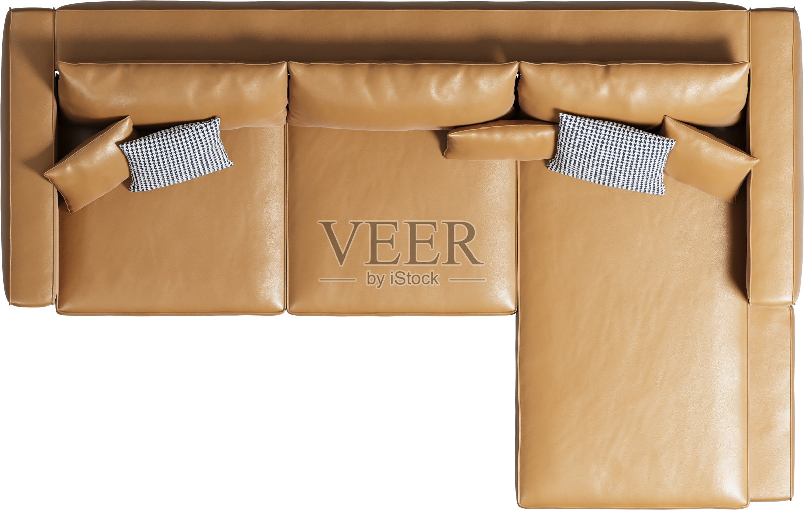 带靠垫的焦糖皮革沙发的俯视图照片摄影图片