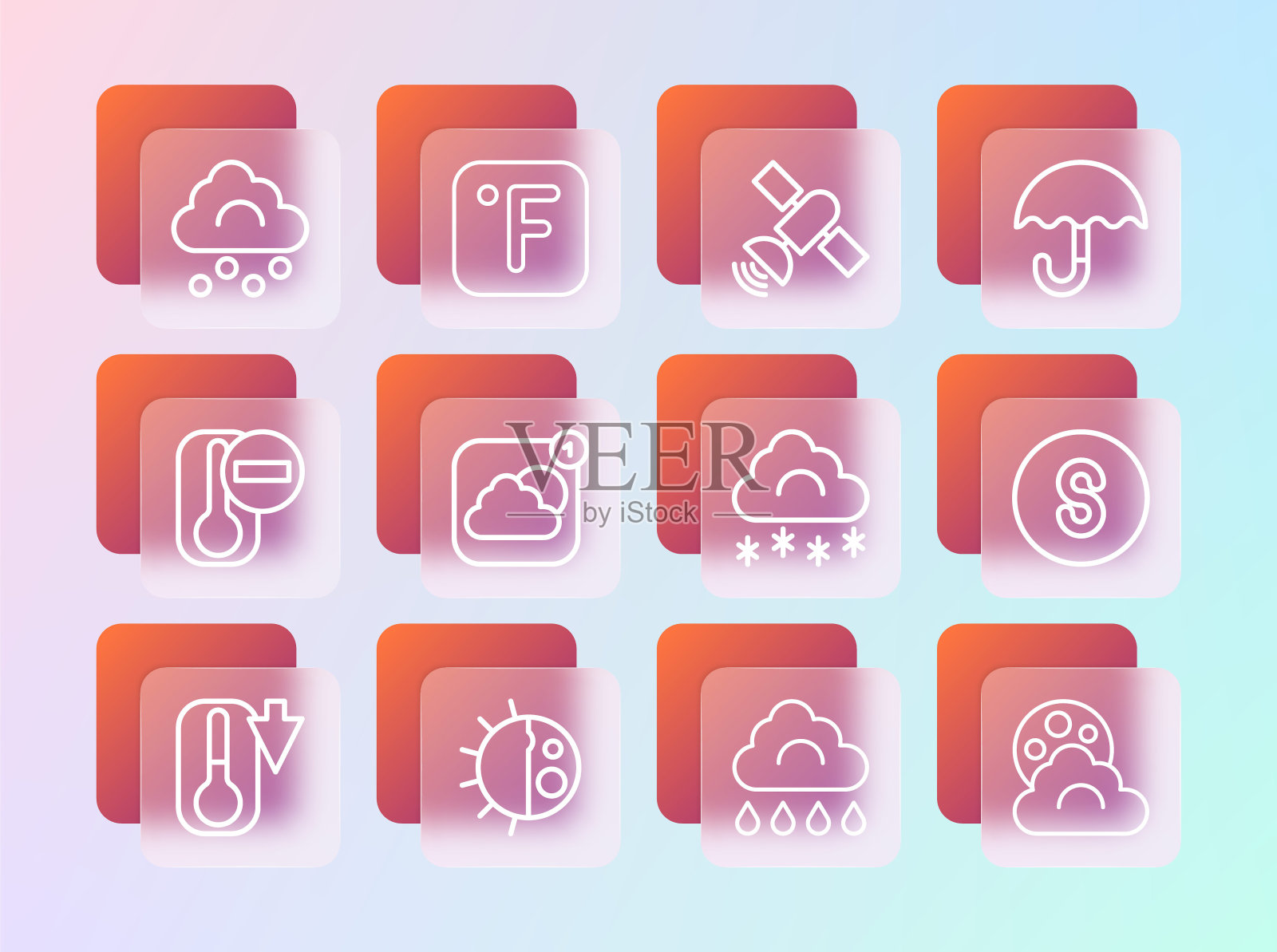 设置线伞，昼夜循环，云与雪，雨，天气预报应用程序，卫星，冰雹云和华氏度图标。向量插画图片素材