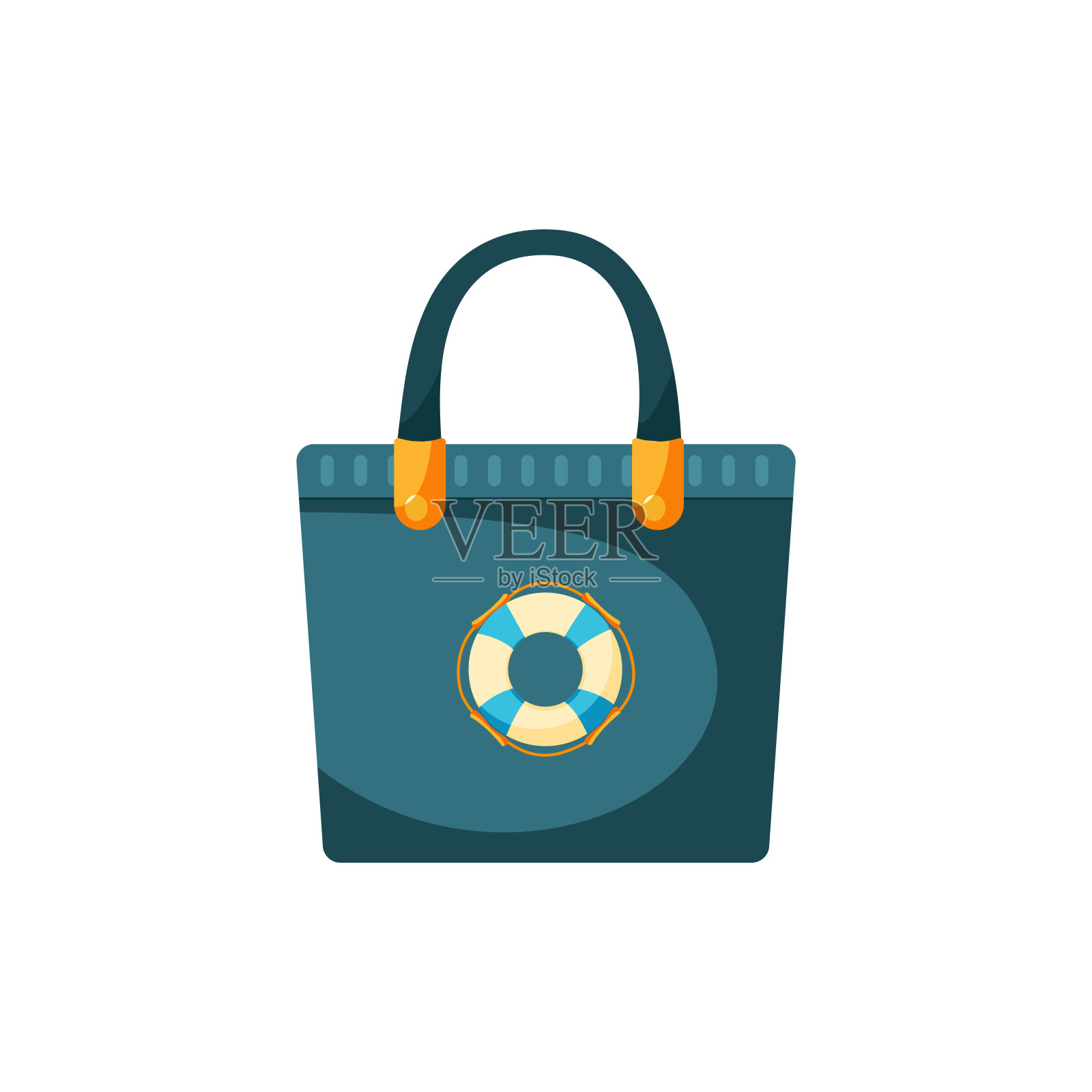 包海滩配件。夏季插图与妇女条纹包与救生圈插画图片素材