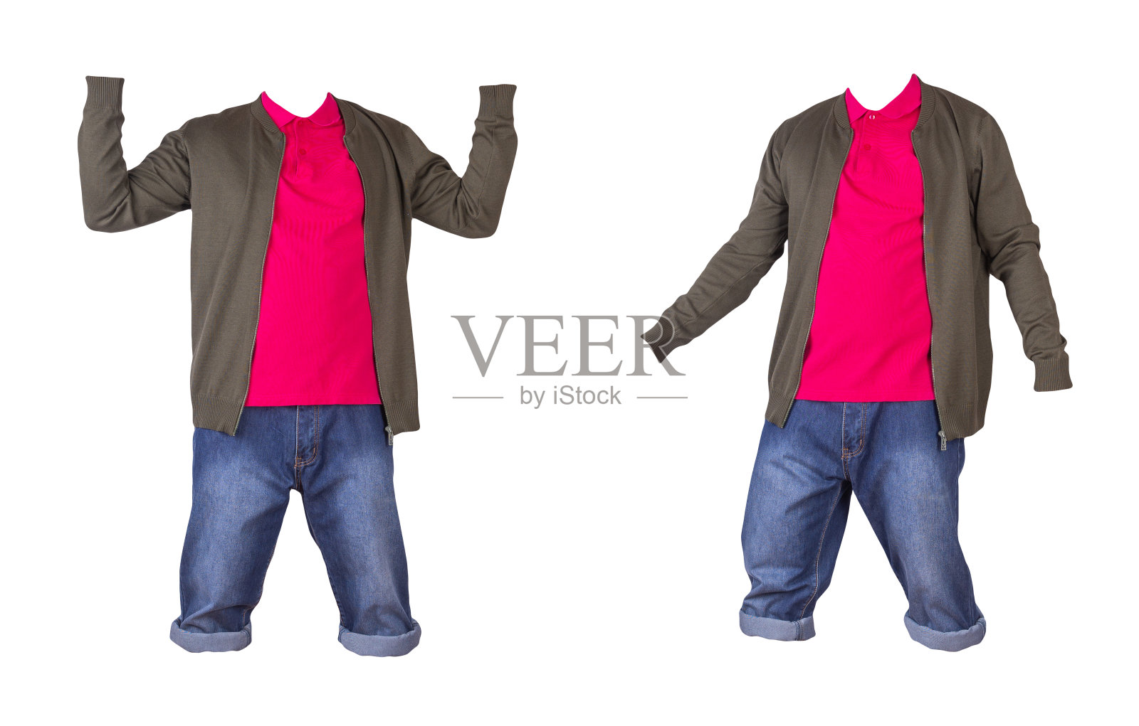 牛仔短裤，t恤，衣领上有纽扣，夹克上有一个白色背景的拉链照片摄影图片