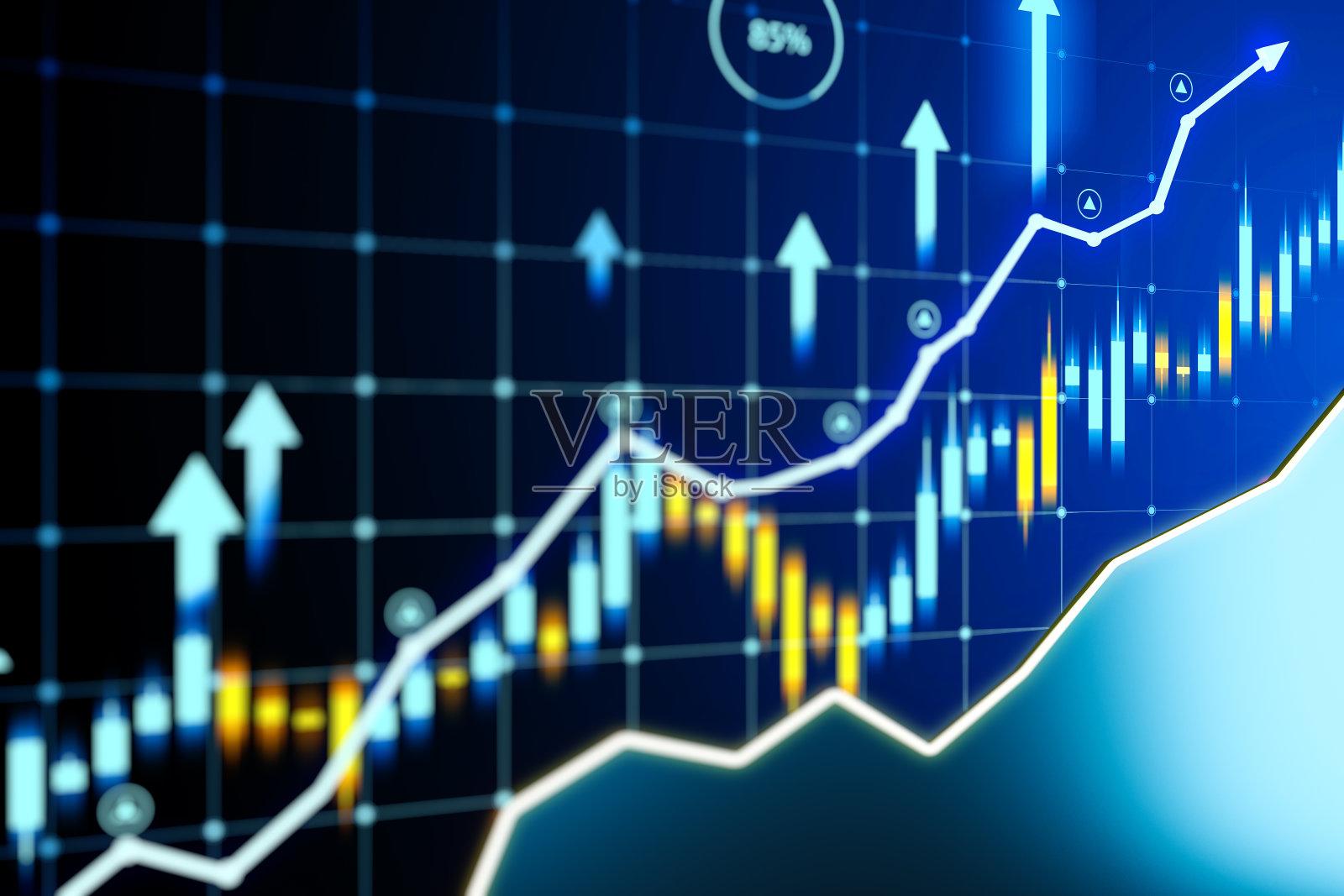 抽象的财务图表，上升趋势线图形和深蓝色背景上的箭头，增长和成功的概念。三维渲染照片摄影图片