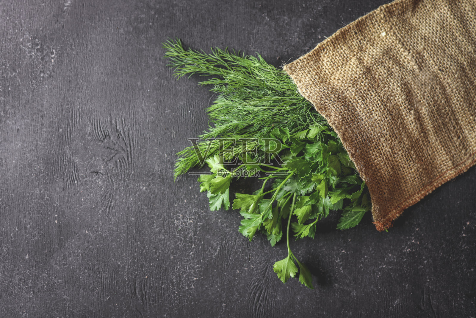 绿枝新鲜欧芹在黑色的背景照片摄影图片