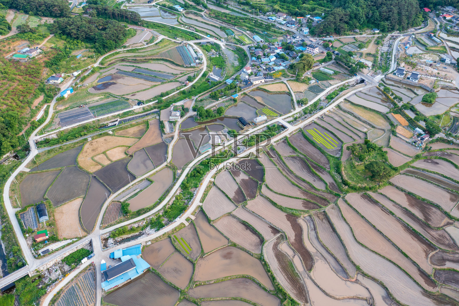无人机拍摄的韩国庆尚南道哈曼的梯田风光照片摄影图片