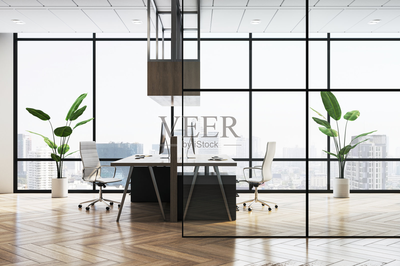 一个现代化的办公空间，家具和通过大窗户看到的城市景观，在城市背景下以逼真的风格展示，工作场所的概念。三维渲染照片摄影图片