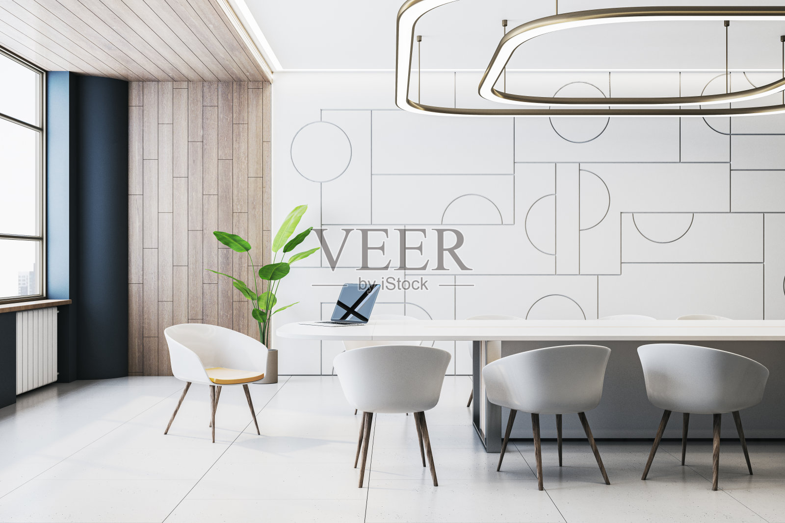 现代餐厅，平面墙面设计，白色桌椅，木质墙面和地板，创意室内概念。三维渲染照片摄影图片