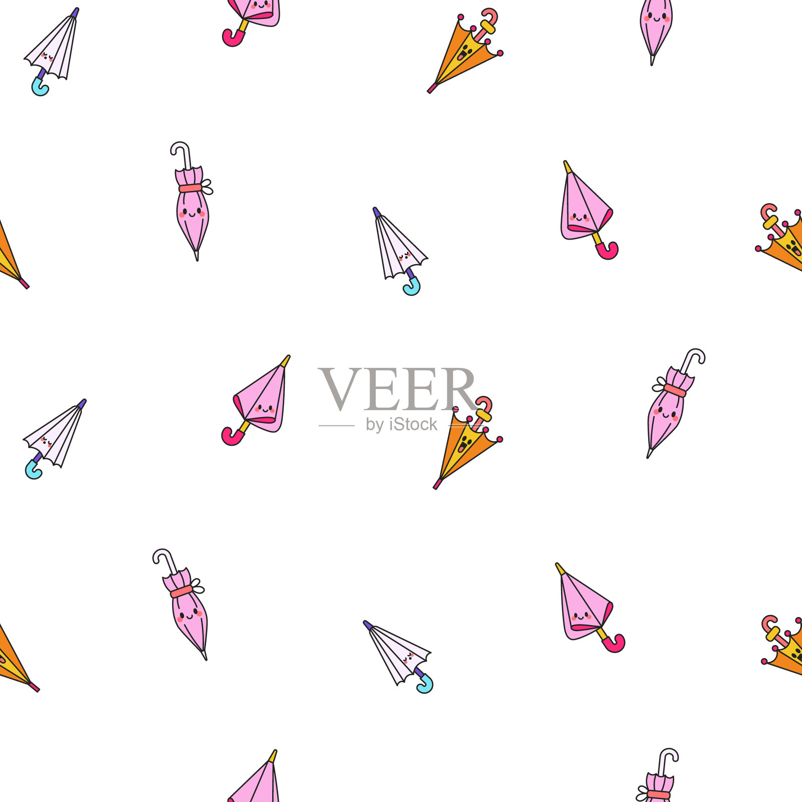 可爱的卡哇伊伞。无缝模式。卡通雨季遮阳伞人物。手绘风格。矢量图。设计的饰品。插画图片素材