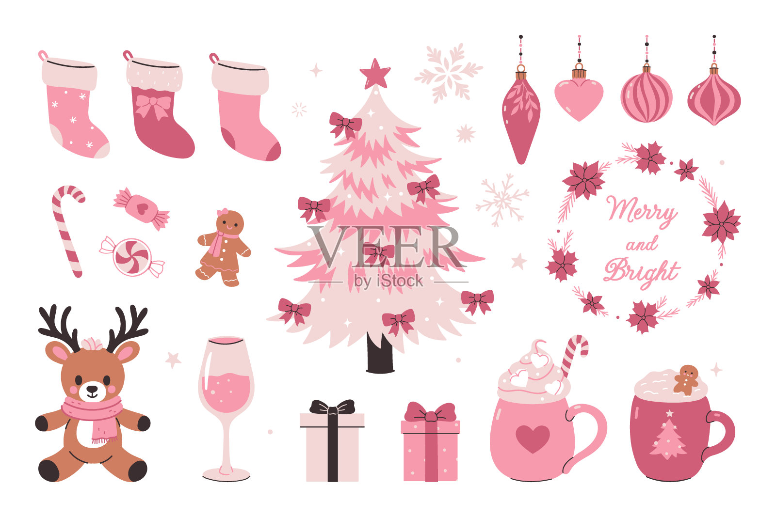 一套粉红色的圣诞节庆祝图形。矢量图形。插画图片素材