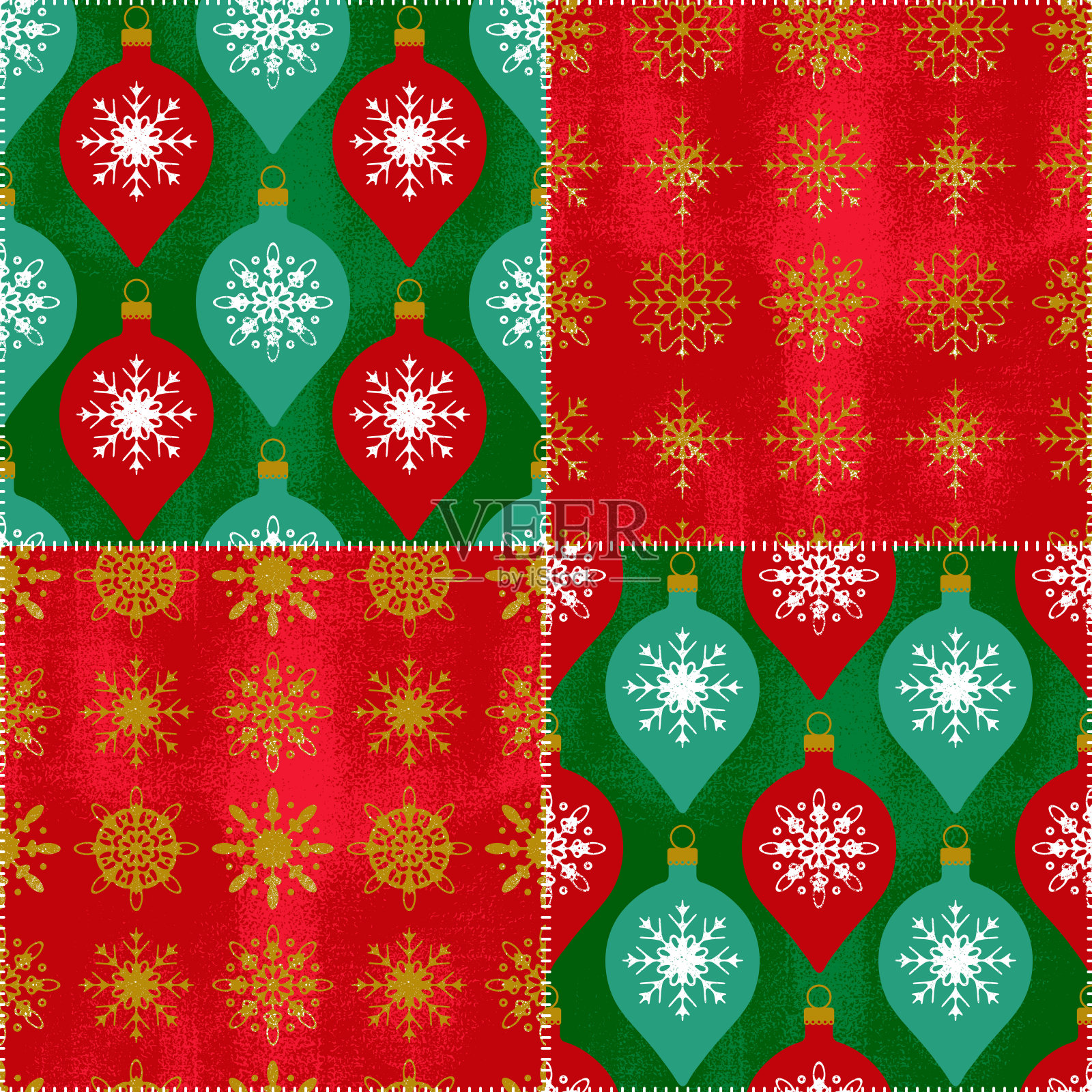 用圣诞玩具和雪花拼成的寒假拼贴。无缝模式。复古风格的矢量插图插画图片素材