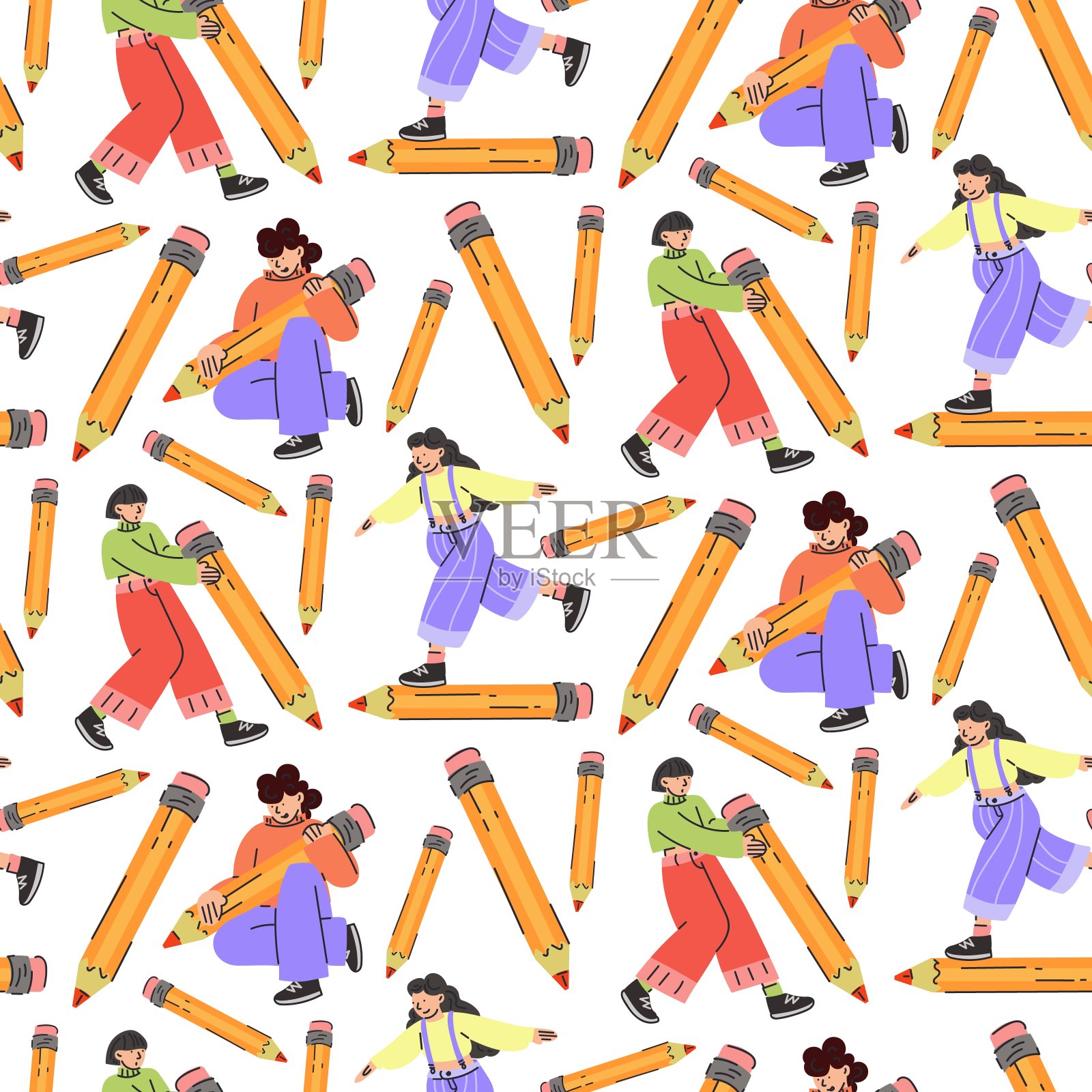 一个图案，不同的年轻人拿着大铅笔的无缝图案。快乐的青年学生写，画。教育的概念。知识日，九月。回到学校。向量插画图片素材