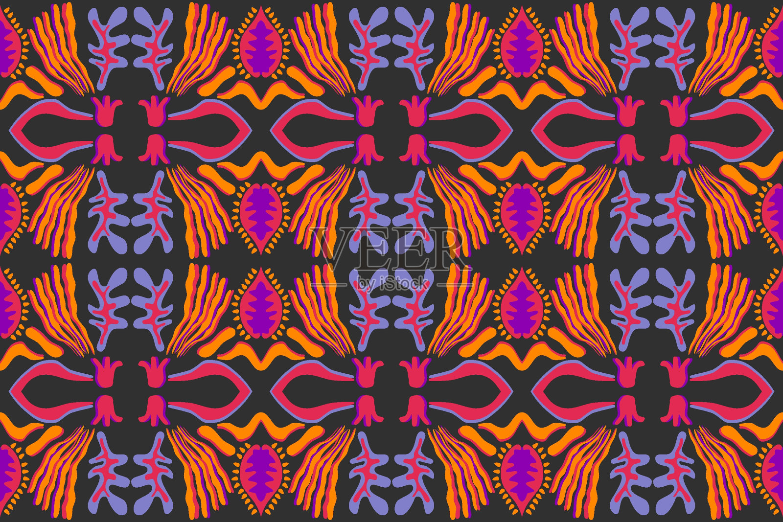 抽象伊卡特花佩斯利民族刺绣黑色背景。伊卡特民族传统的东方无缝花纹。矢量插图。设计纹理，织物，服装，包装，装饰，地毯。插画图片素材