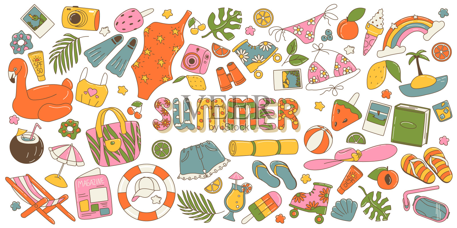 一大套可爱的夏季贴纸插画图片素材