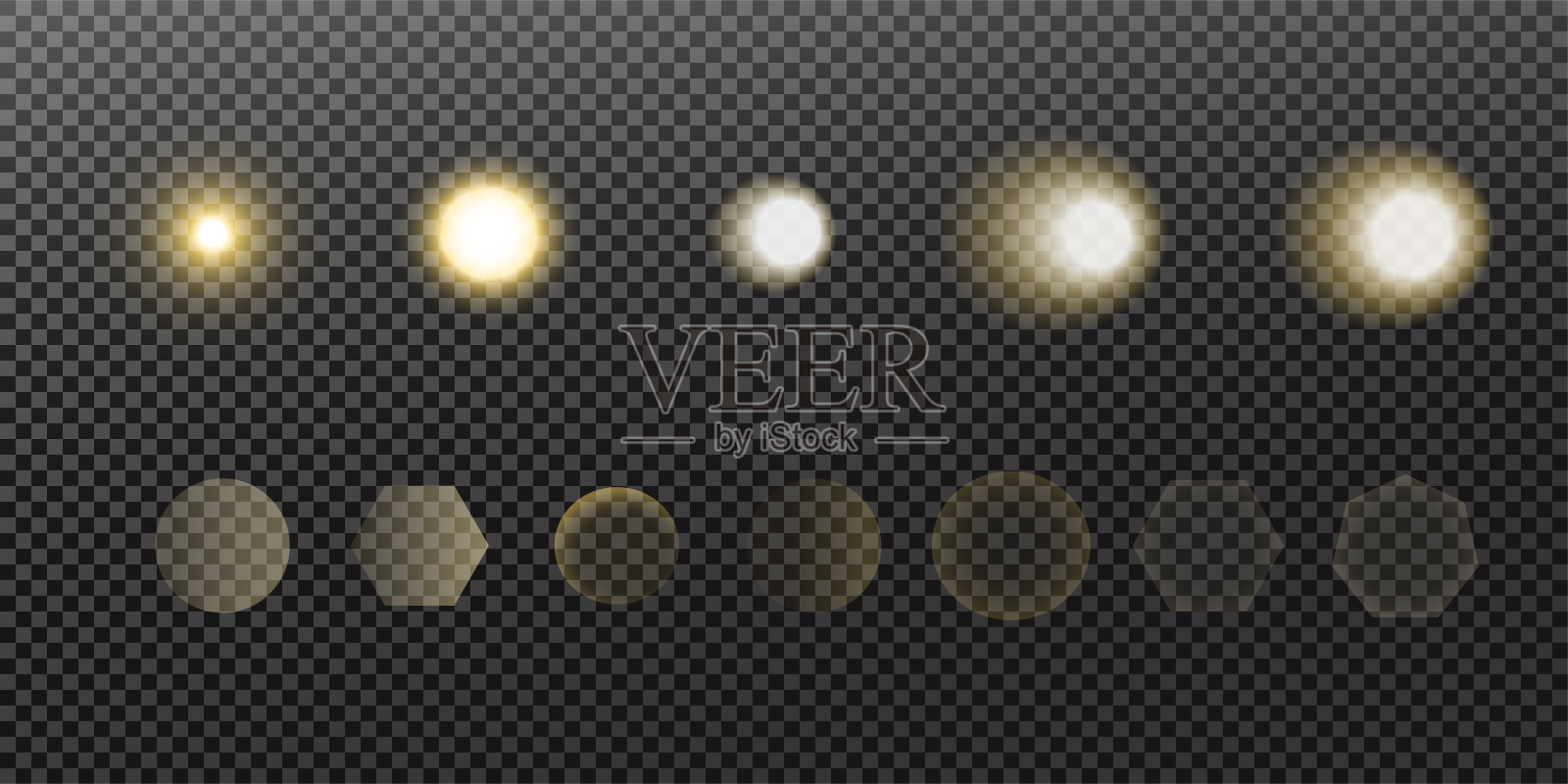 发光的灯光效果。闪闪发光孤立。金色和白色散景元素。装饰圣诞、新年晚会。神奇的照片叠加。透明背景可以在矢量文件中删除。插画图片素材