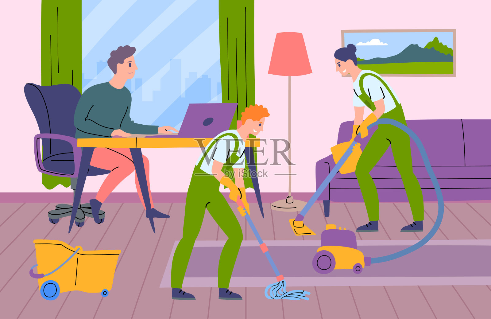 卡通色彩场景人物清洁和人在电脑上工作。向量插画图片素材