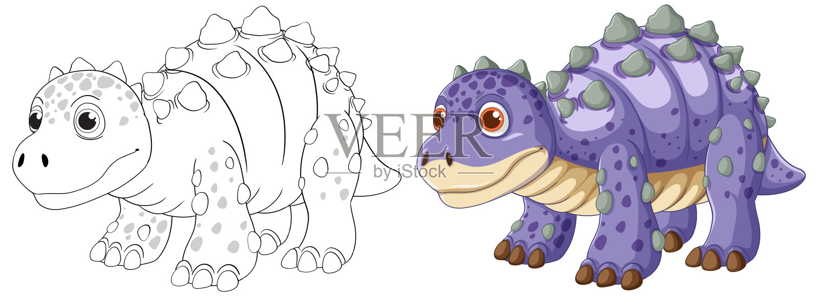 可爱的紫色恐龙，长着尖刺和大眼睛插画图片素材