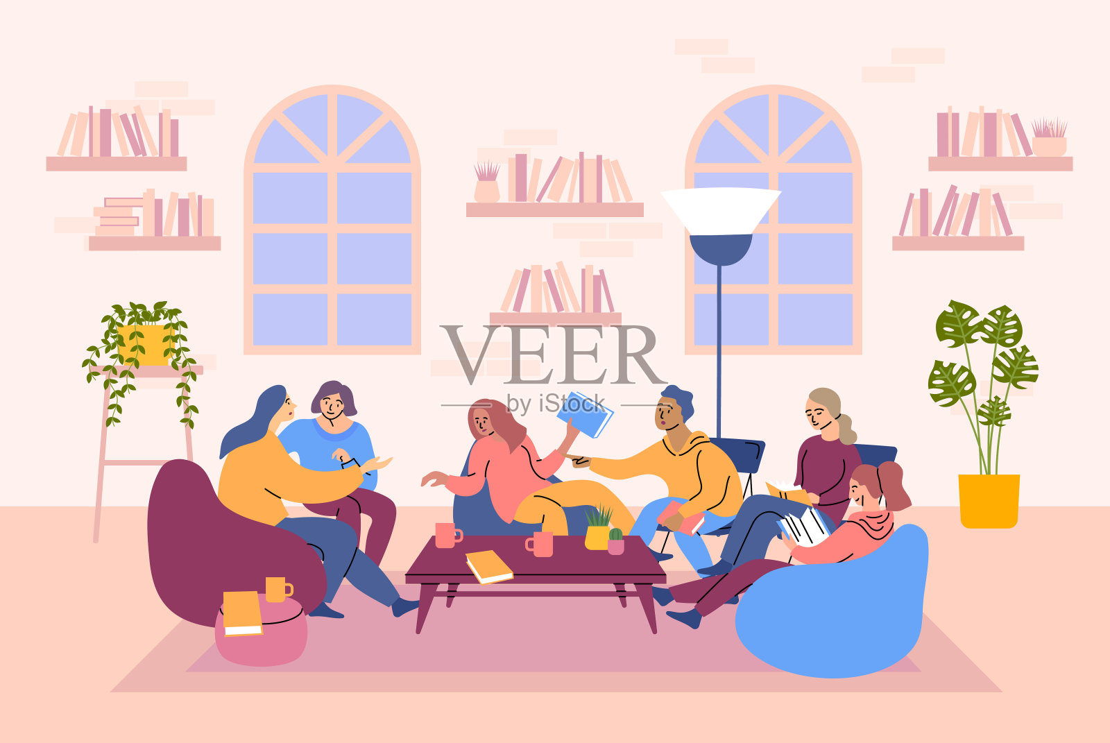 卡通色彩人物与读书会场景概念。向量插画图片素材