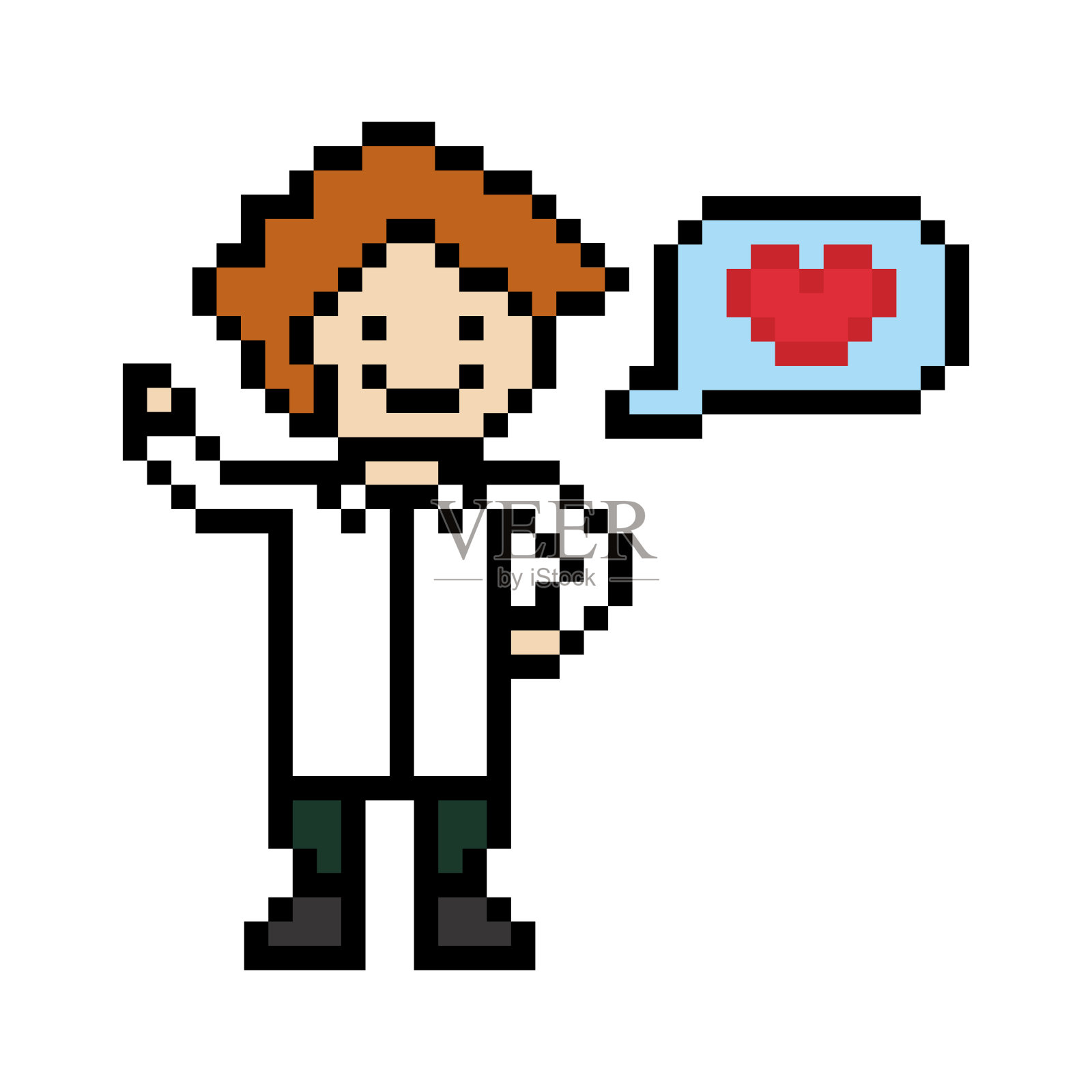 可爱的像素卡通8位人物医生或科学家游戏保健装修药剂师医生在医院8位男性像素艺术矢量。插画图片素材