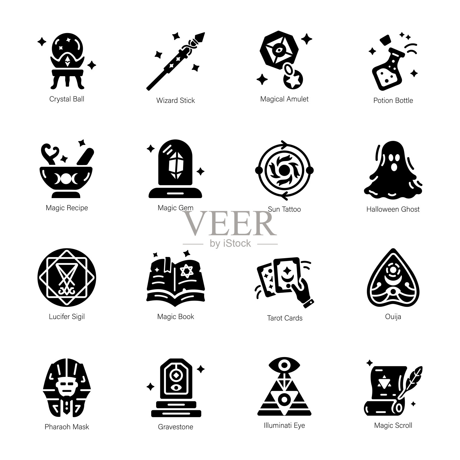 固体风格的神秘图标的集合插画图片素材