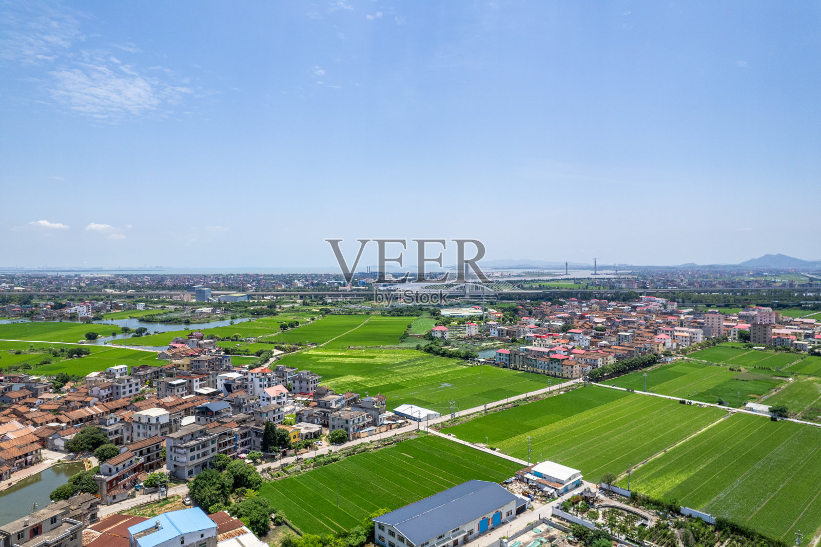 鸟瞰图，农村的绿色农田和房屋照片摄影图片