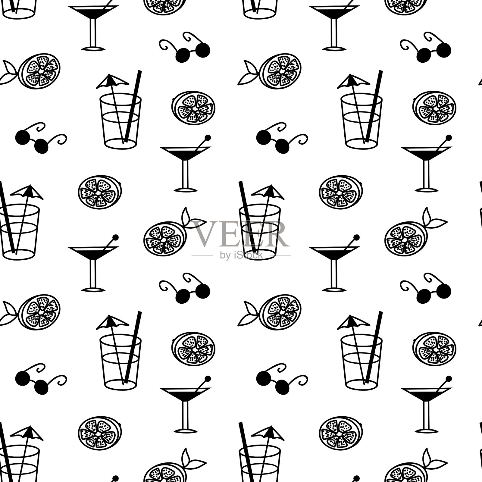可爱的无缝图案鸡尾酒，柠檬和太阳镜。插画图片素材