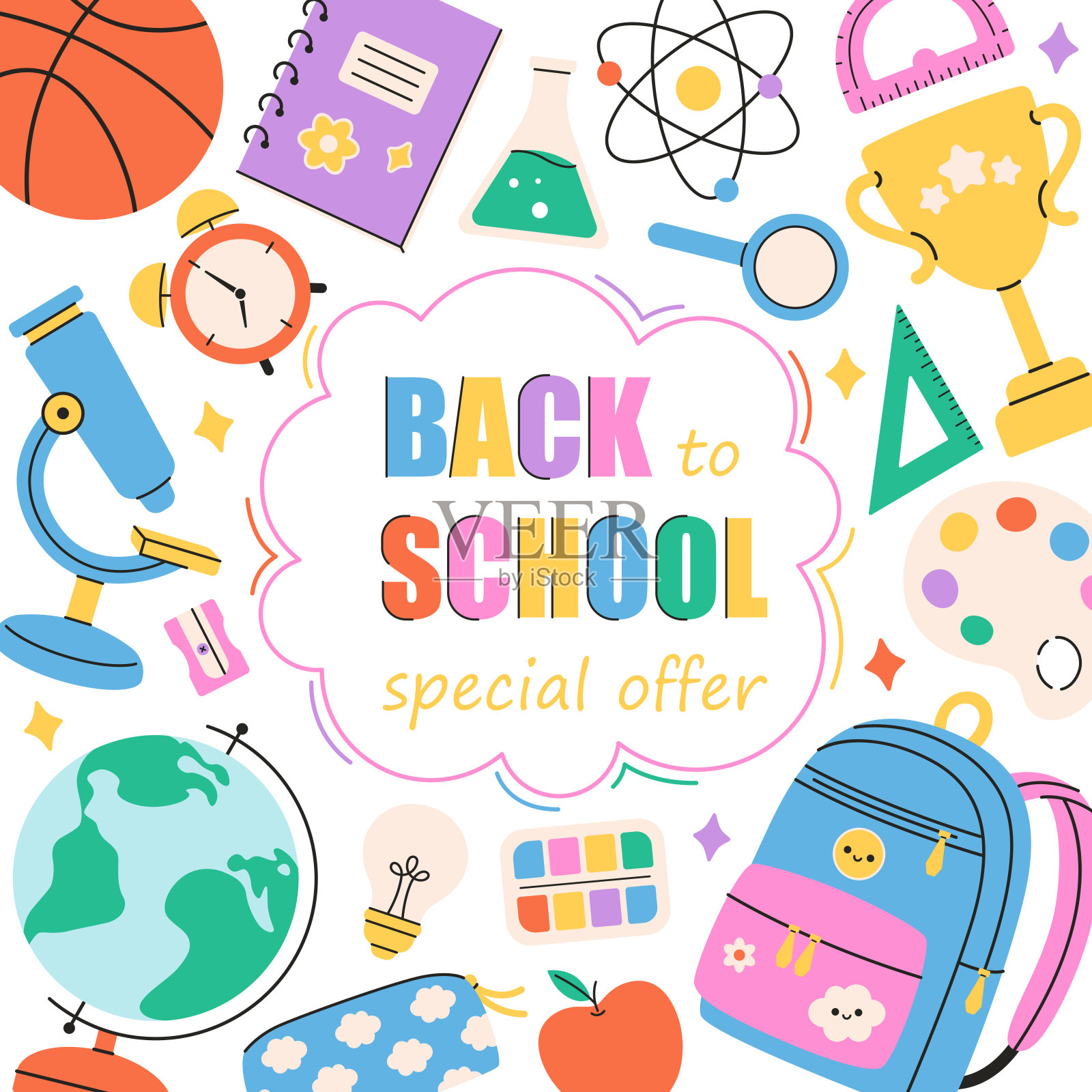 返校甩卖。贺卡和学习用品。书，背包，地球仪，铅笔，笔记本，球，显微镜。矢量插图在平面风格插画图片素材
