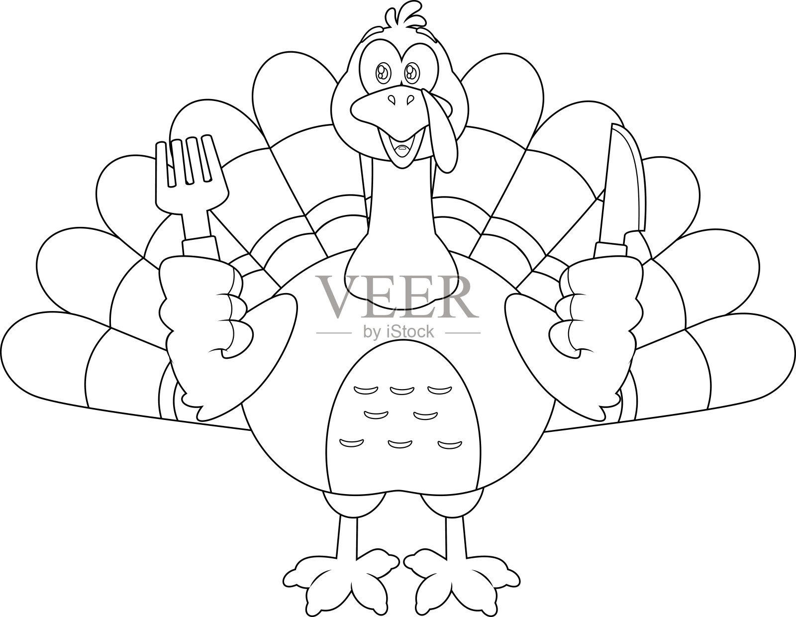 概述感恩节快乐火鸡鸟卡通人物刀和叉插画图片素材