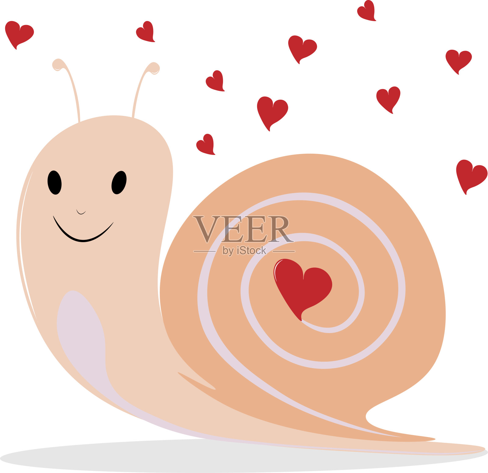 粉红色的蜗牛是一个卡通吉祥物，一个可爱的有爱心的蛞蝓。插画图片素材