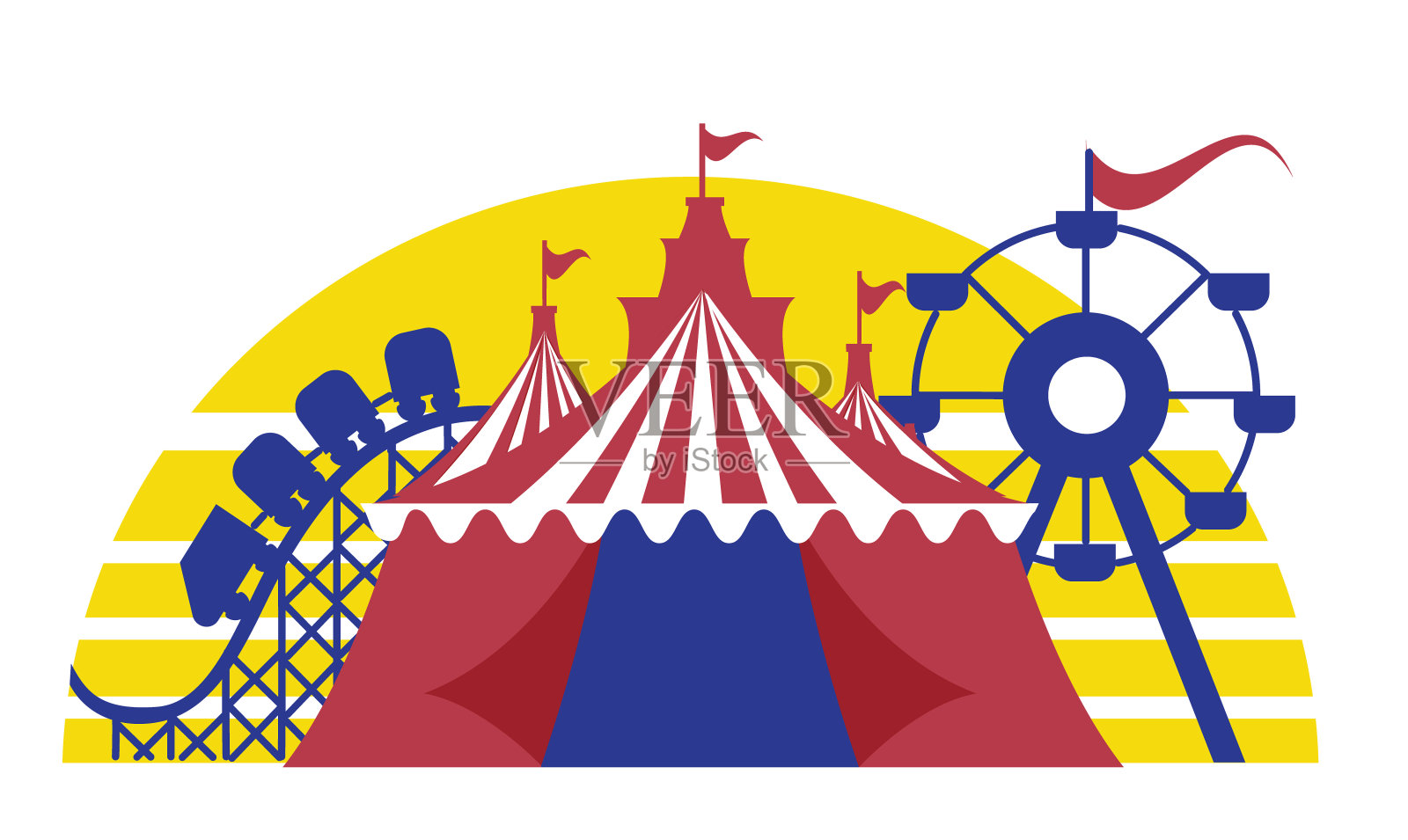 色彩缤纷的州博览会设计，白色背景上有狂欢节帐篷、摩天轮、过山车和太阳插画图片素材
