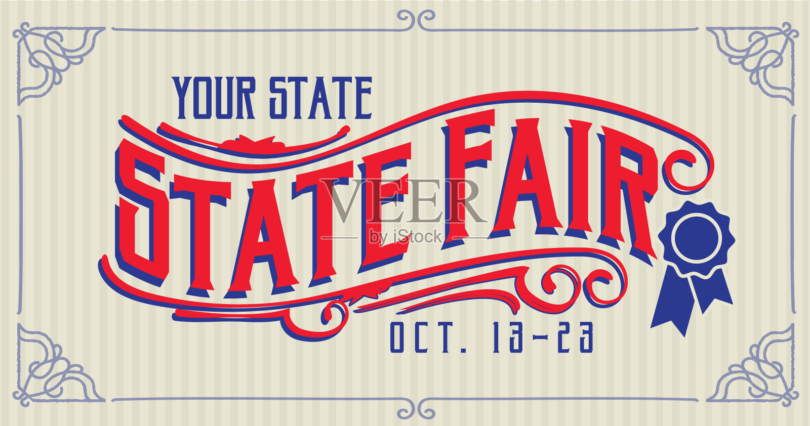 老式国家博览会蓝丝带标签设计模板与蓝丝带和装饰框架元素在白色背景插画图片素材