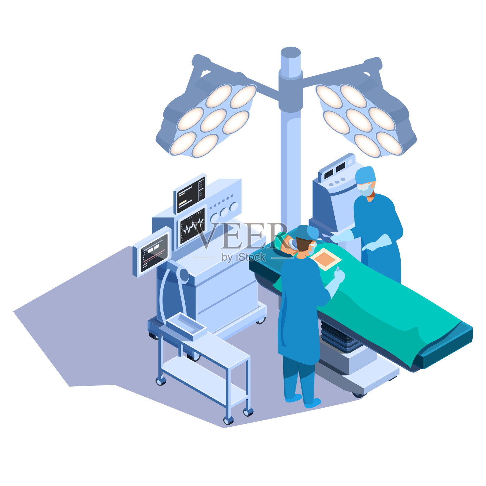 等距外科手术与外科医生和助理与医疗设备，矢量插图插画图片素材