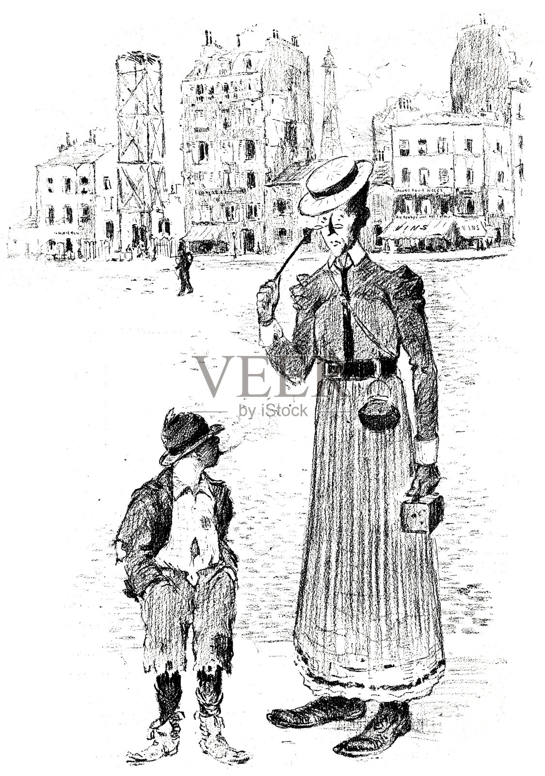 嗯，衣衫褴褛的小男孩，你为什么从上到下盯着我看，奶奶低头看着一个男孩对他说话插画图片素材