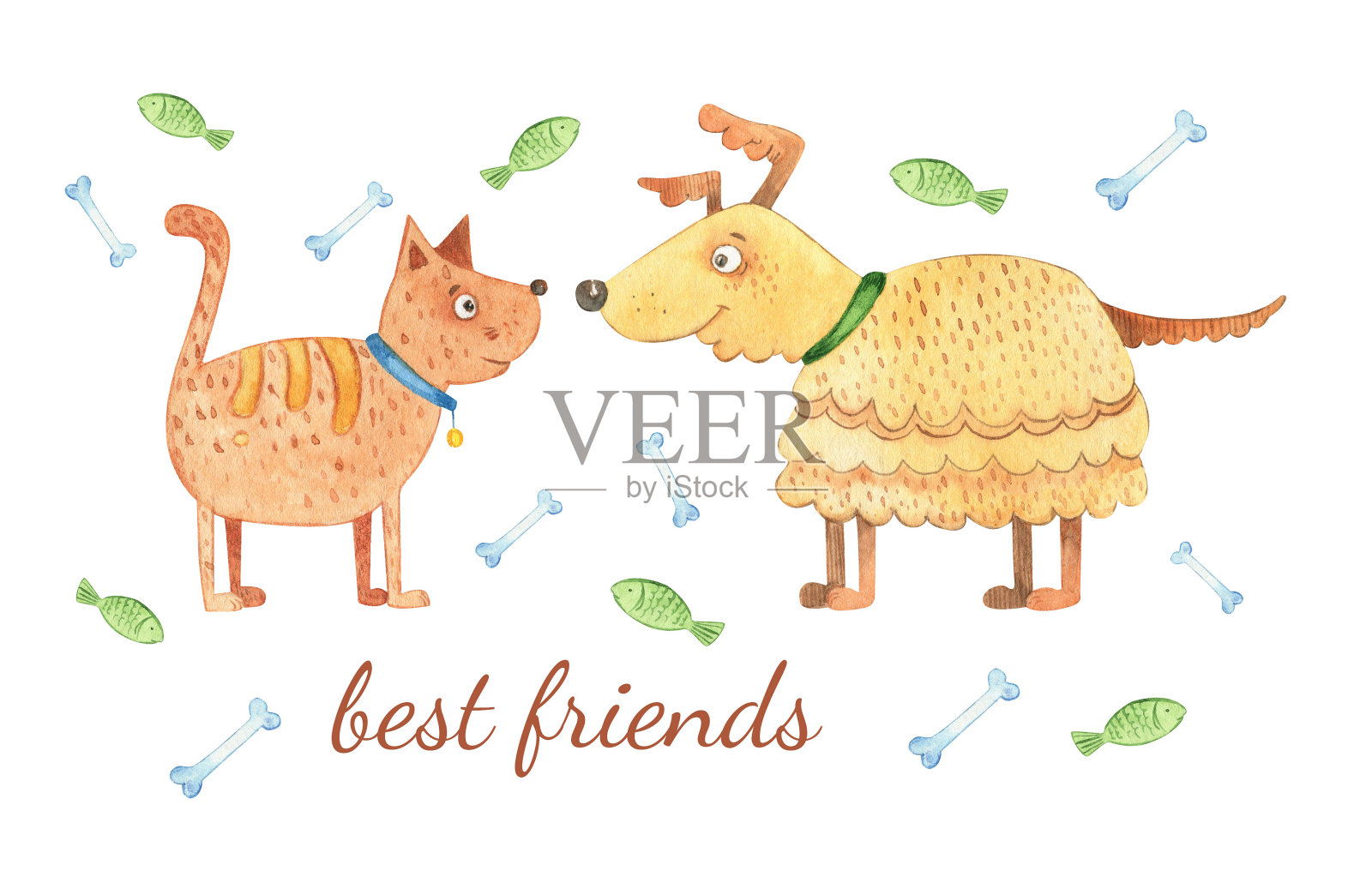 明信片上的猫狗朋友。宠物，动物的水彩插图。印刷，海报上有一只红猫和一只狗插画图片素材