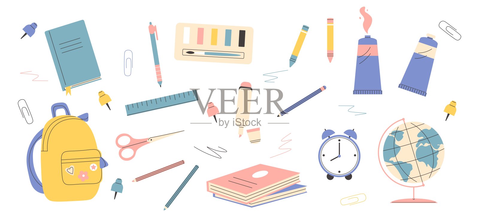 回到学校片场。孩子们的学习用品。文具。地球仪，时钟，背包，剪刀和马克笔。可爱的插图。平面矢量隔离在白色背景。插画图片素材