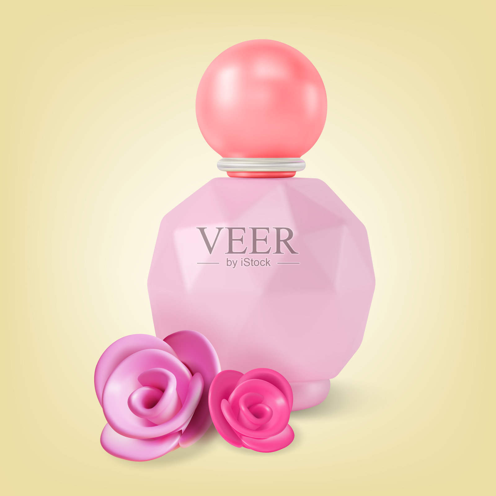 3d香水瓶产品粉红玫瑰概念卡通设计风格。向量插画图片素材