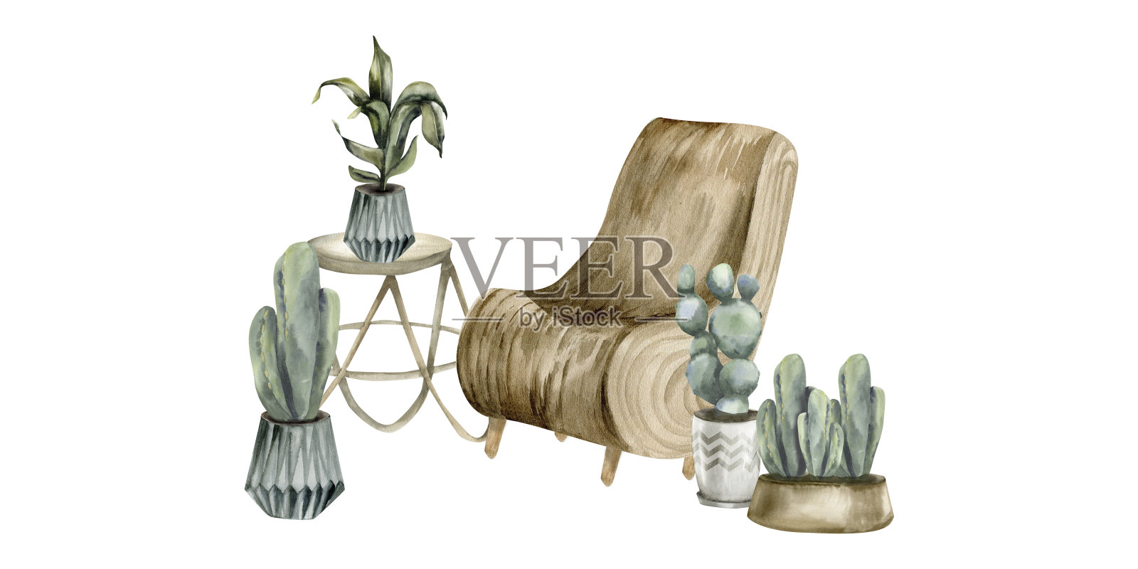 室内构图以波西米亚生态家具、家居绿色植物水彩插画为主。手绘构图木椅，花盆里的仙人掌，杂志，沙龙，海报等桌子上的陶制手掌插画图片素材